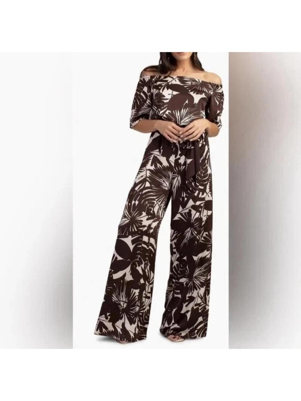 Trina Turk Lambent Jumpsuit M Brown Palm Tropical Off Shoulder Wide Leg
